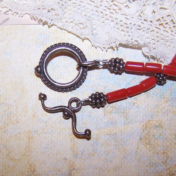 Sterling Silver and Red Coral Bead Necklace and Bracelet - Picture 8 of 8